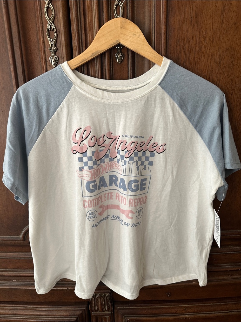 Mattel Hot Wheels Torrid Raglan Tee with Light Blue Sleeves and Pink Graphic